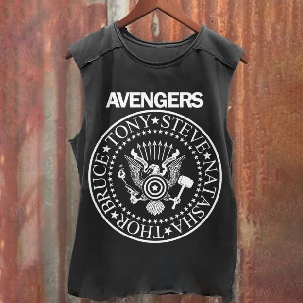  Patriotic Superhero Emblem Featuring Thor’s Hammer & Eagle Crest Washed Tank Top