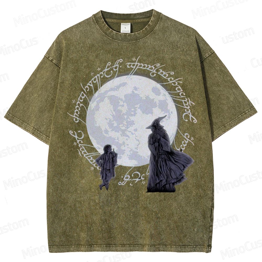 Gandalf, Frodo & Elvish Ring Inscription  Washed T-Shirt 