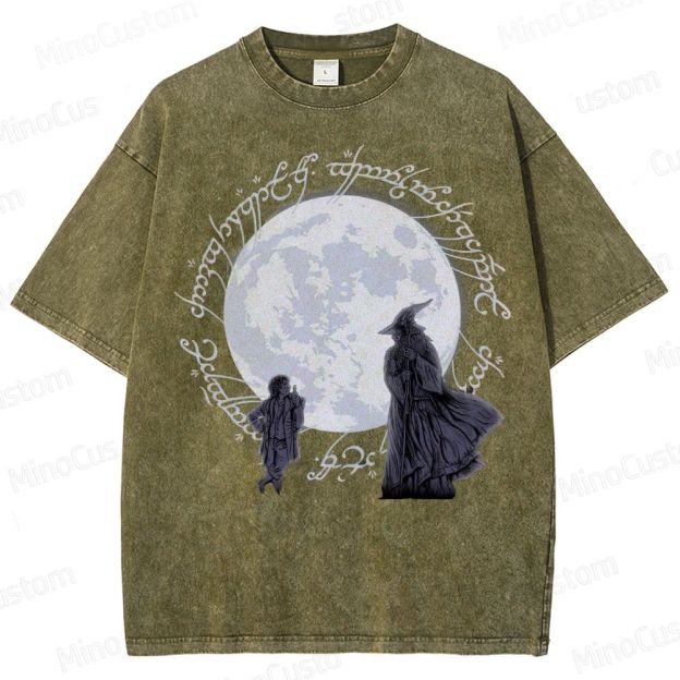 Gandalf, Frodo & Elvish Ring Inscription  Washed T-Shirt 