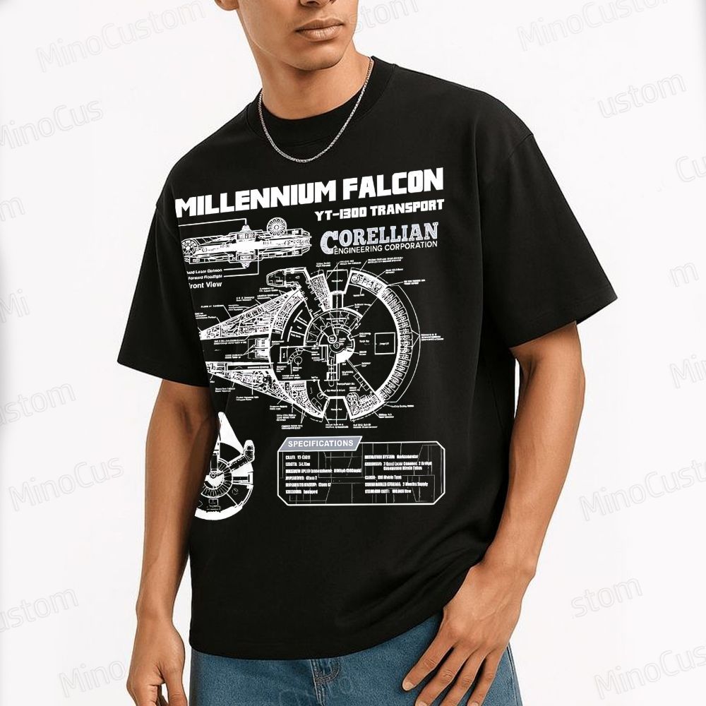 Mens Star Battles Gold Millennium Falcon Schematics Geek T-Shirt