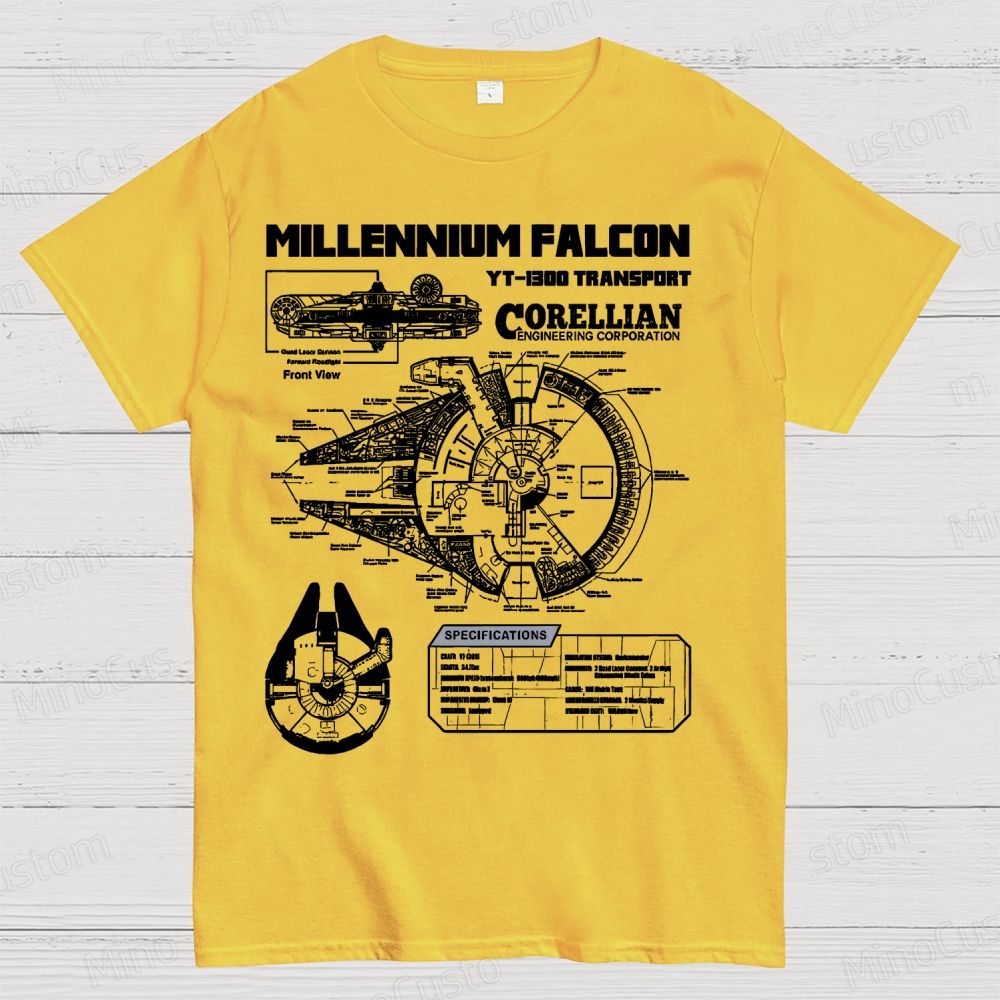 Mens Star Battles Gold Millennium Falcon Schematics Geek T-Shirt
