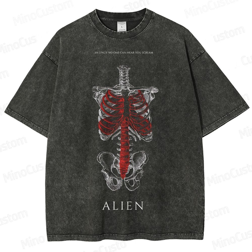 Alien Movie Skeleton Graphic Washed T - Shirt