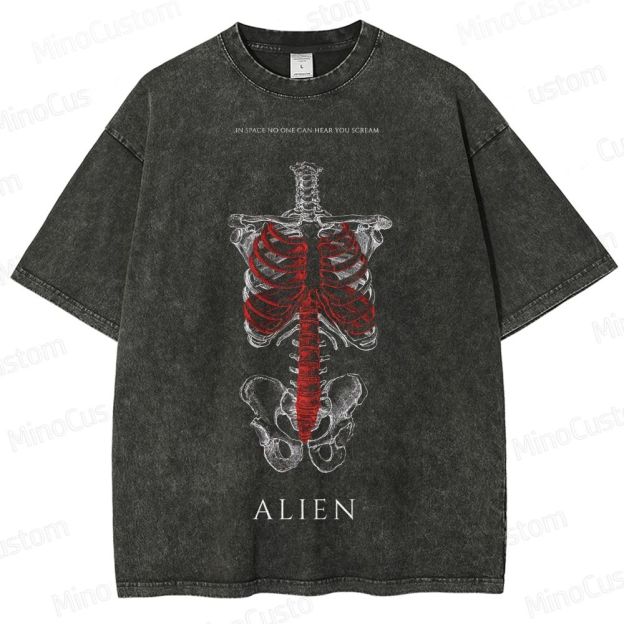 Alien Movie Skeleton Graphic Washed T - Shirt