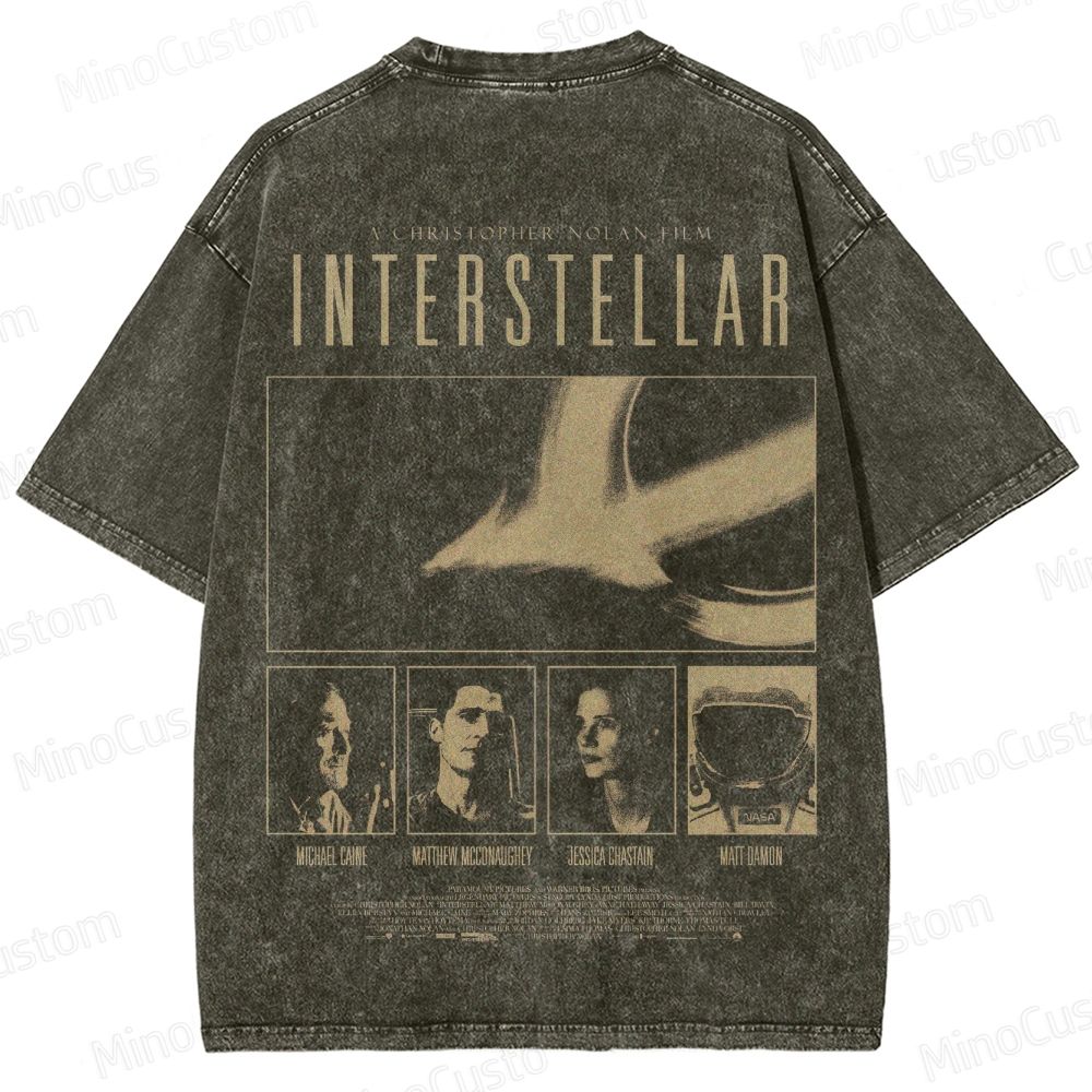 Vintage Washed Interstellar Movie Graphic T - shirt
