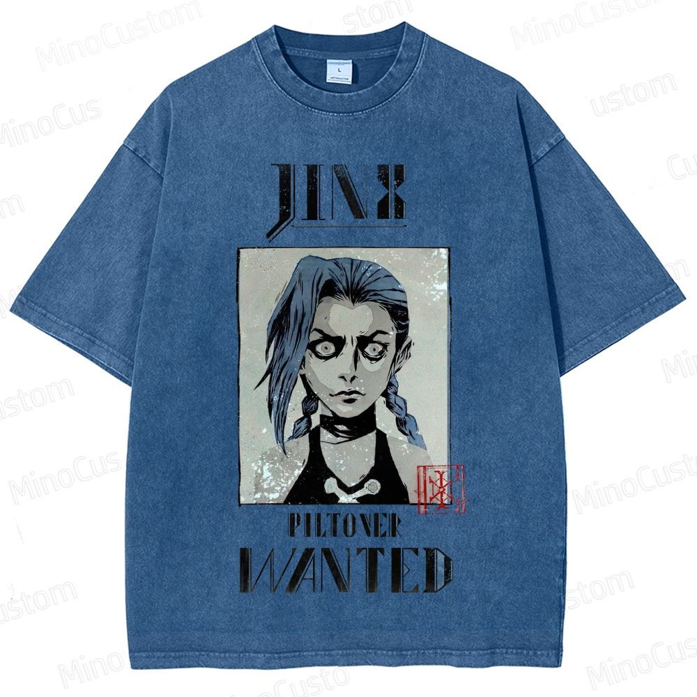 Vintage - style Arcane Jinx "Piltover Wanted" Graphic T - shirt