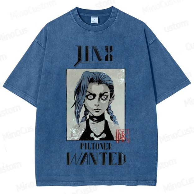 Vintage - style Arcane Jinx "Piltover Wanted" Graphic T - shirt