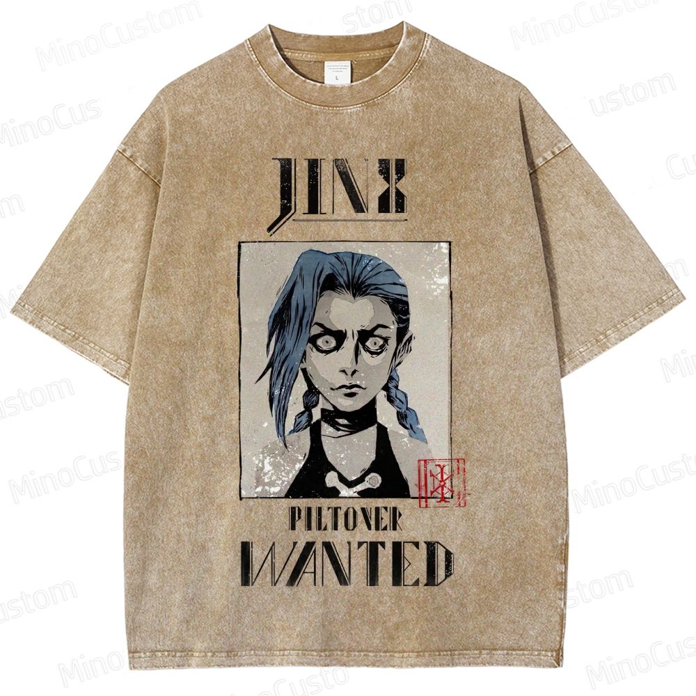Vintage - style Arcane Jinx "Piltover Wanted" Graphic T - shirt