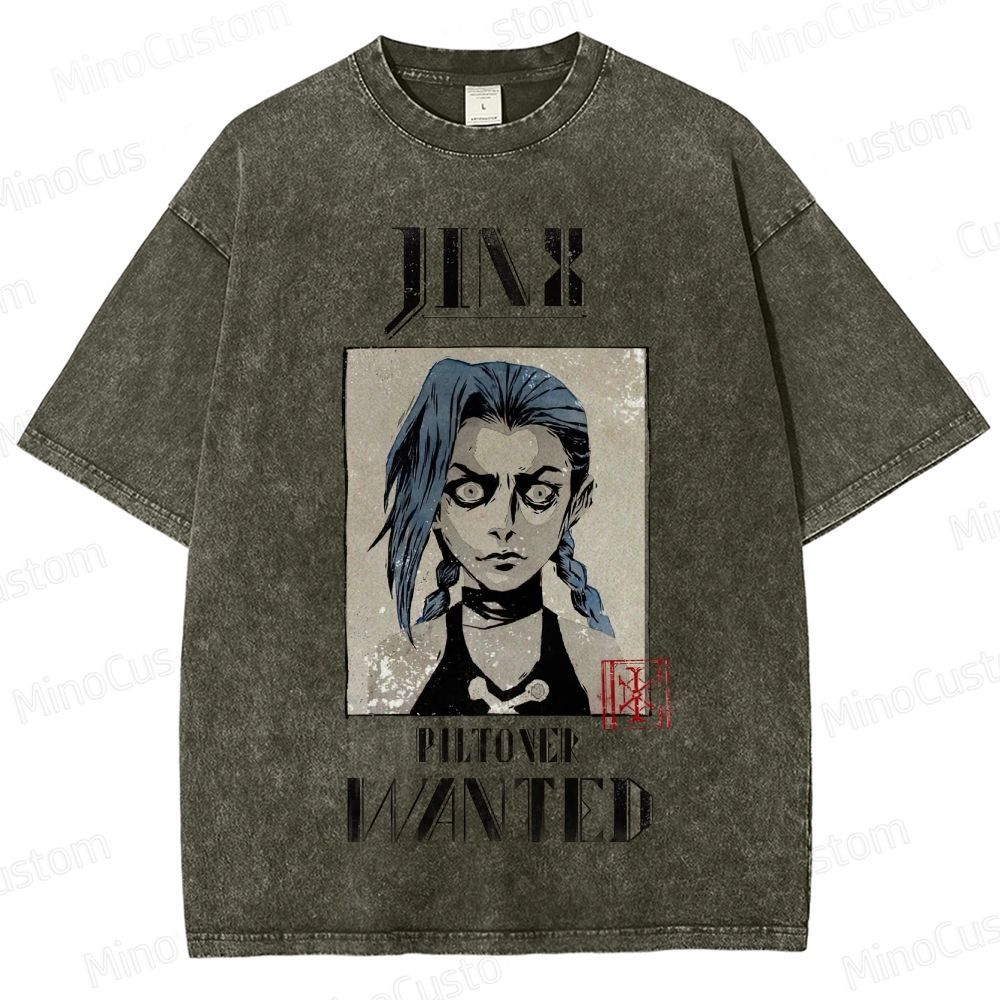 Vintage - style Arcane Jinx "Piltover Wanted" Graphic T - shirt