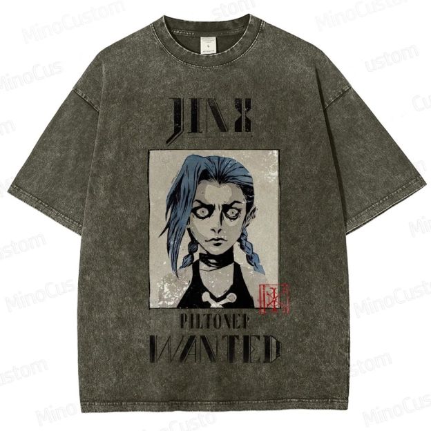 Vintage - style Arcane Jinx "Piltover Wanted" Graphic T - shirt