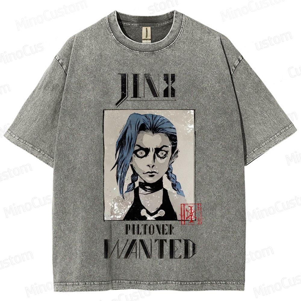 Vintage - style Arcane Jinx "Piltover Wanted" Graphic T - shirt