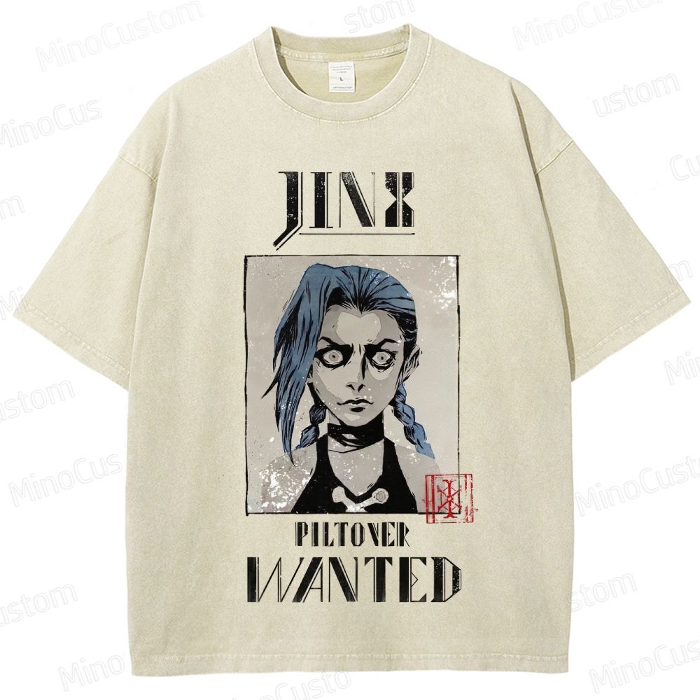 Vintage - style Arcane Jinx "Piltover Wanted" Graphic T - shirt