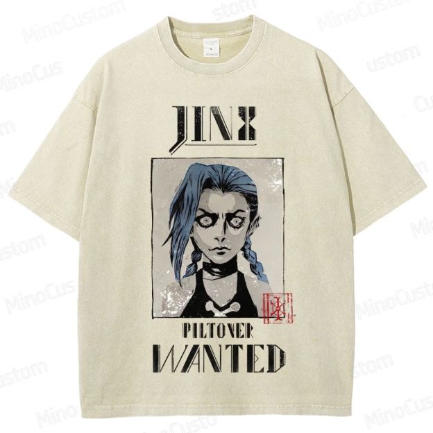 Vintage - style Arcane Jinx "Piltover Wanted" Graphic T - shirt