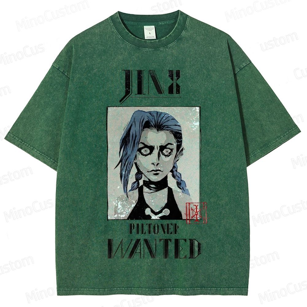 Vintage - style Arcane Jinx "Piltover Wanted" Graphic T - shirt