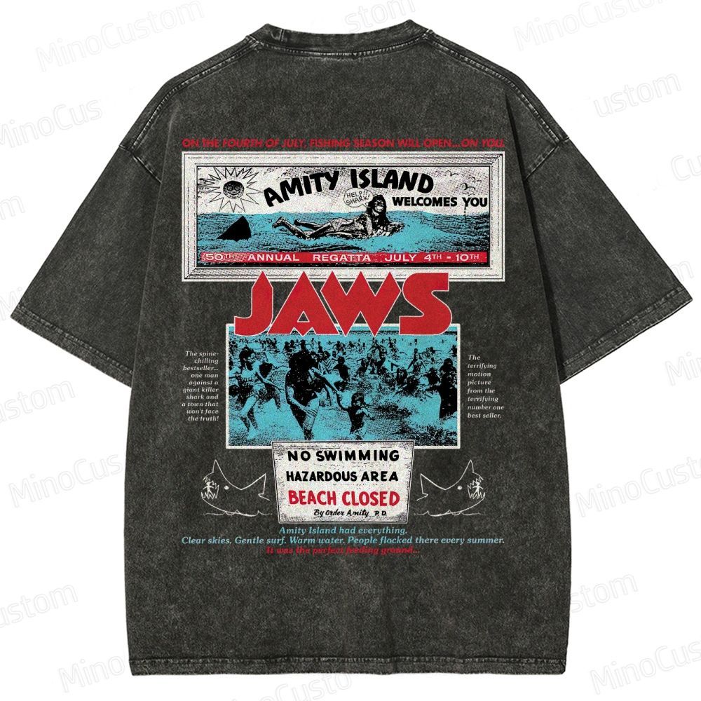 Jaws Movie Amity Island Retro Graphic  Washed T-Shirt 