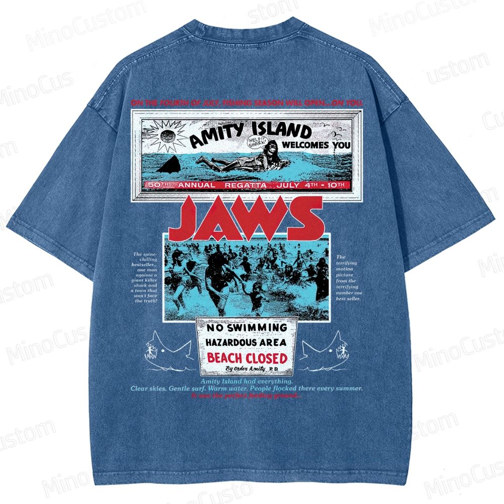Jaws Movie Amity Island Retro Graphic  Washed T-Shirt 