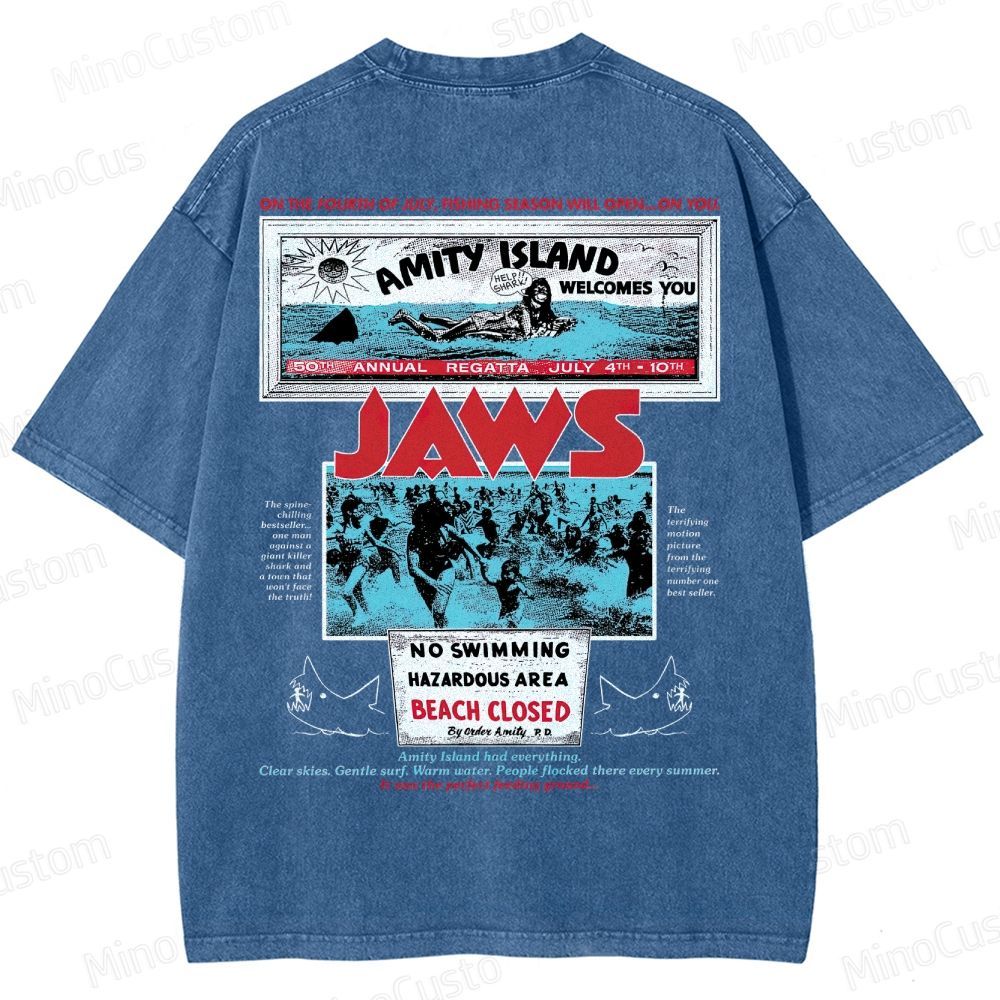 Jaws Movie Amity Island Retro Graphic  Washed T-Shirt 