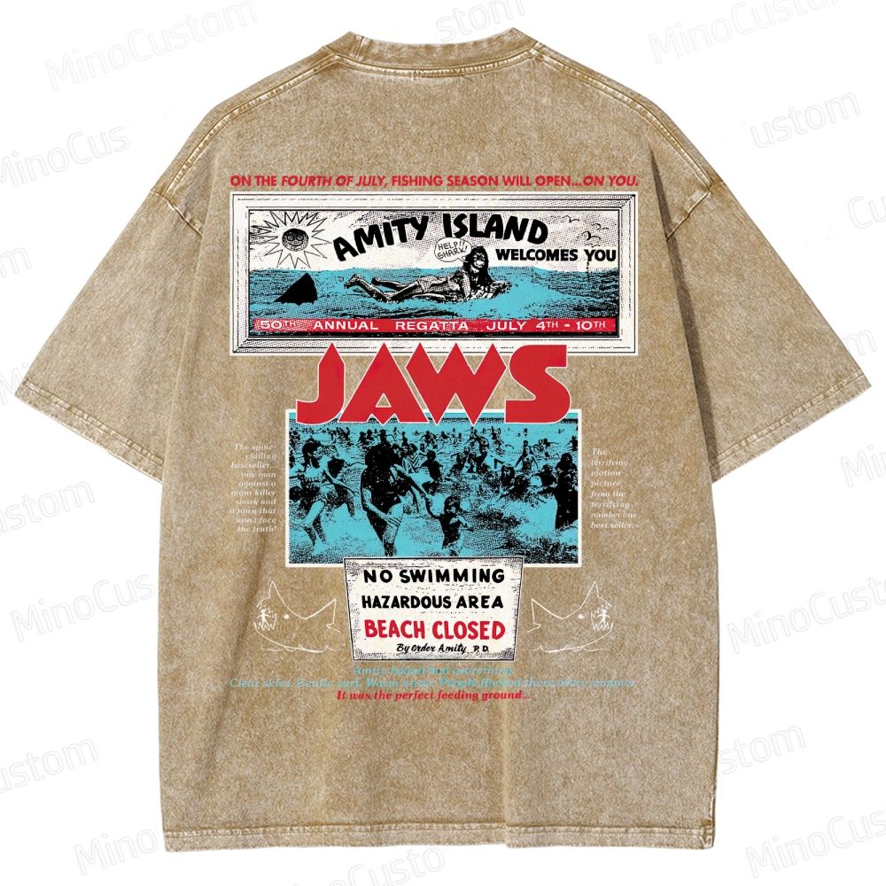 Jaws Movie Amity Island Retro Graphic  Washed T-Shirt 
