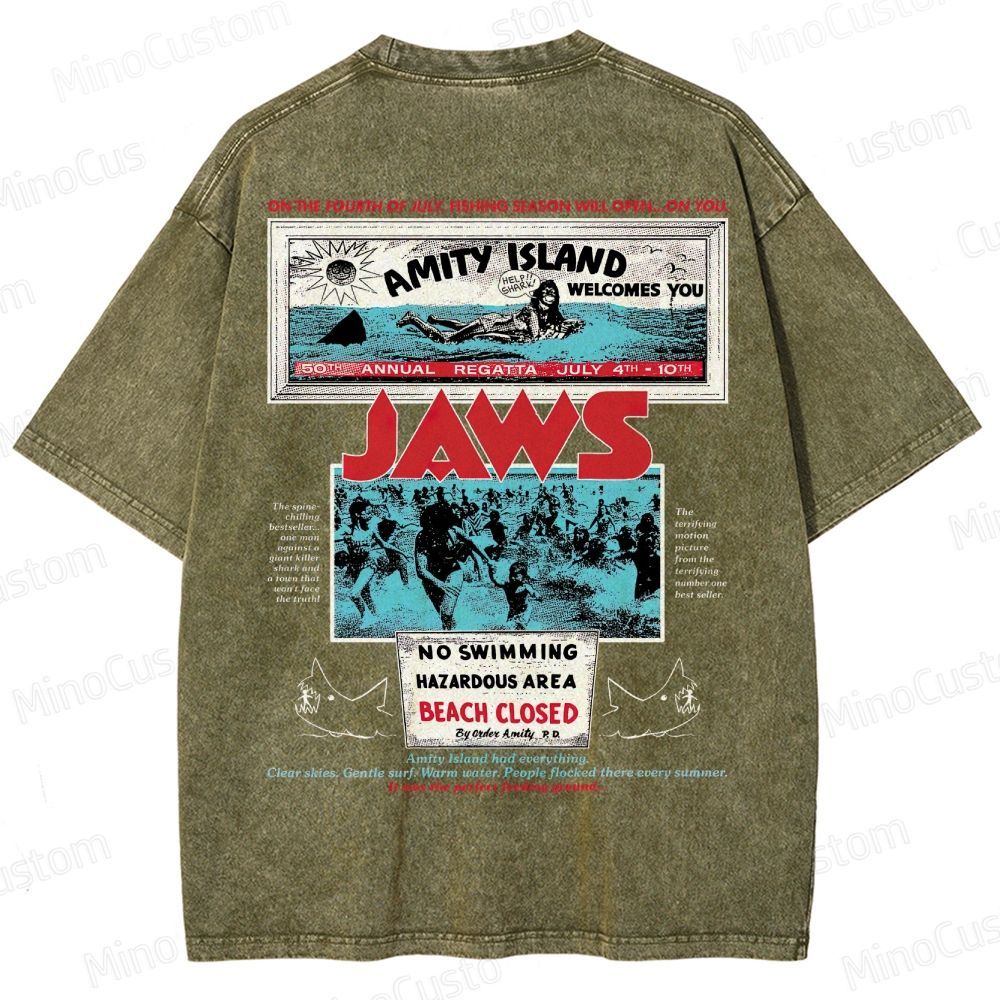 Jaws Movie Amity Island Retro Graphic  Washed T-Shirt 