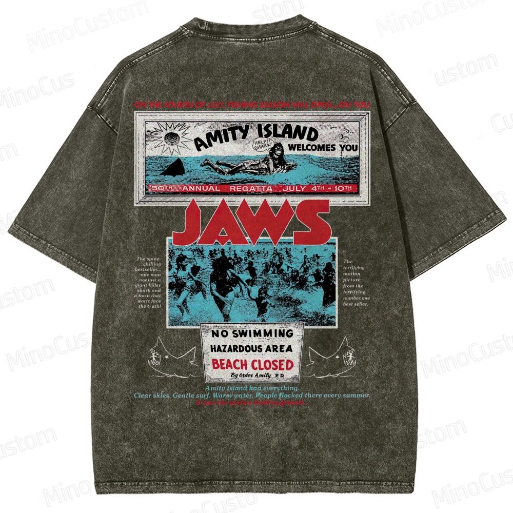 Jaws Movie Amity Island Retro Graphic  Washed T-Shirt 