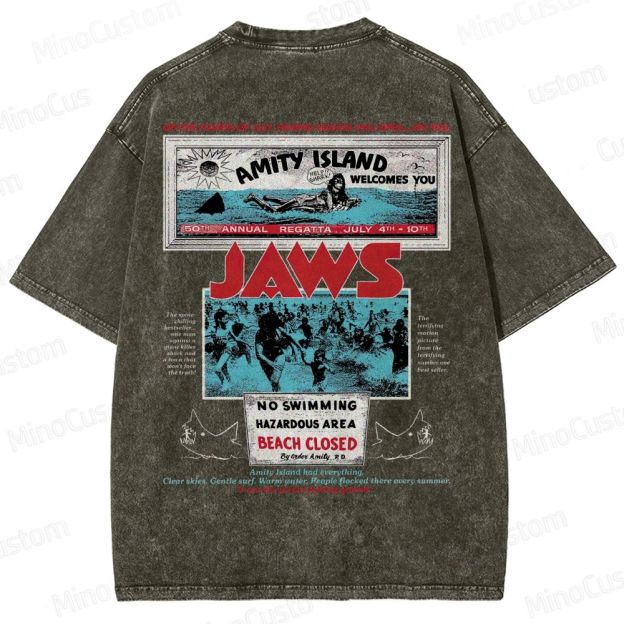 Jaws Movie Amity Island Retro Graphic  Washed T-Shirt 