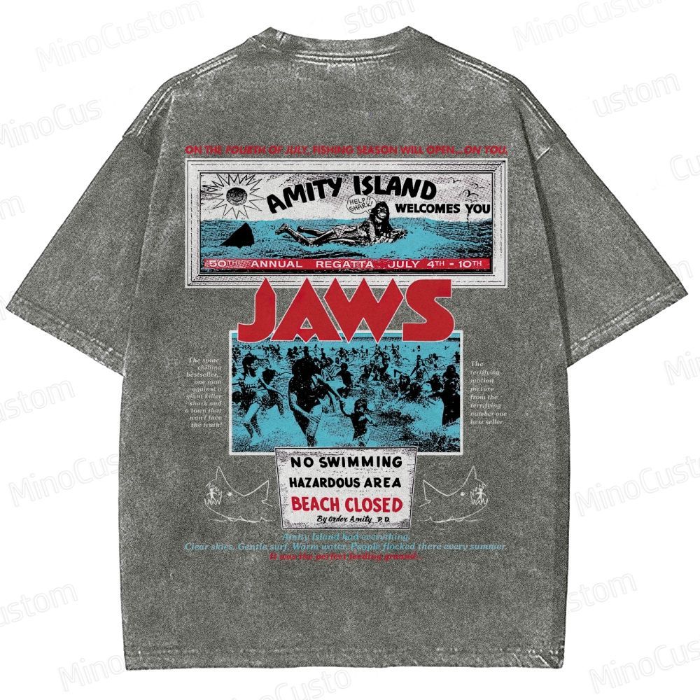 Jaws Movie Amity Island Retro Graphic  Washed T-Shirt 