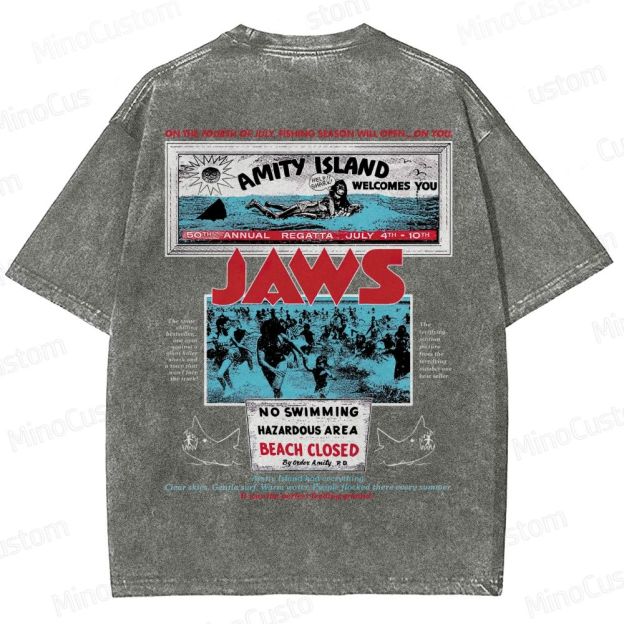 Jaws Movie Amity Island Retro Graphic  Washed T-Shirt 