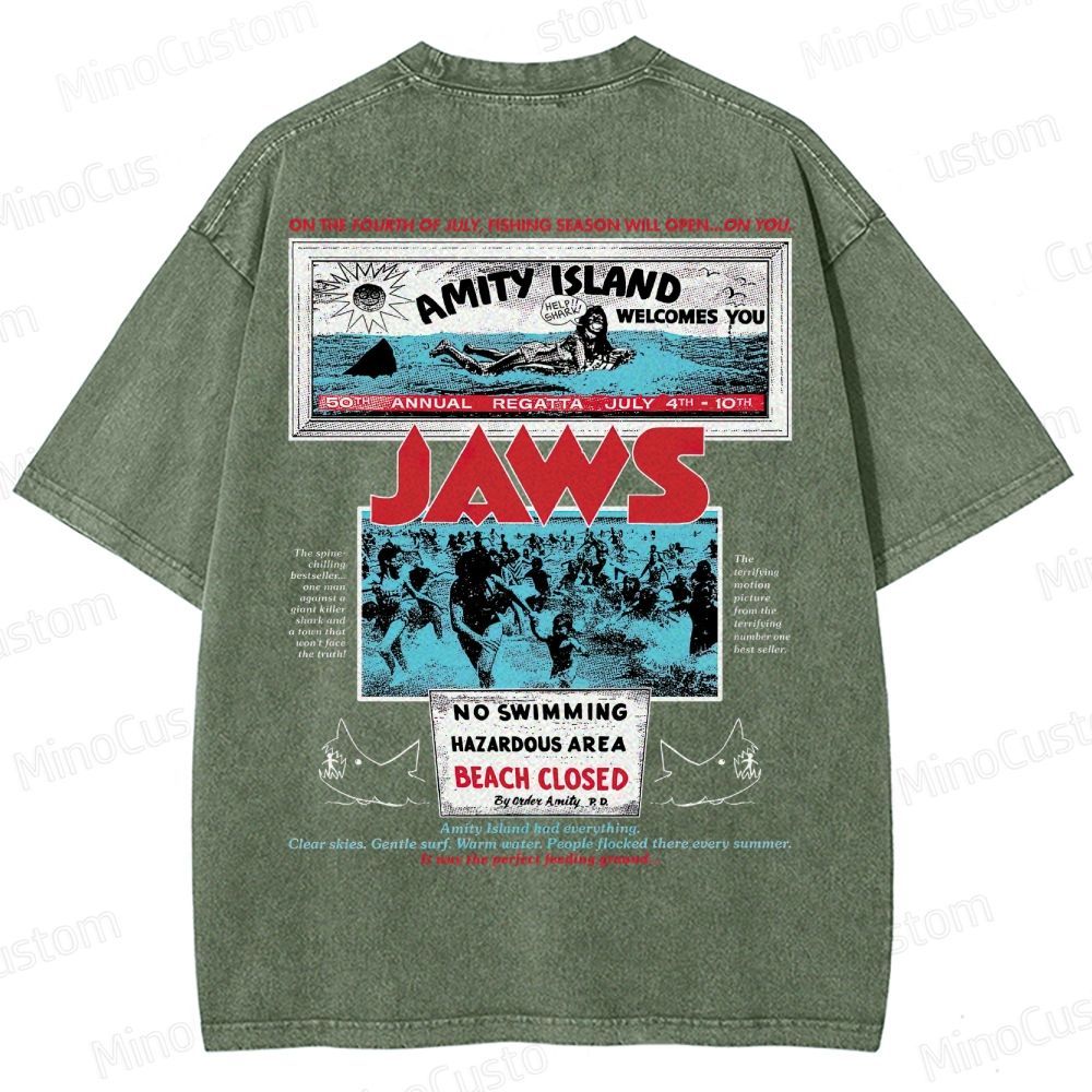 Jaws Movie Amity Island Retro Graphic  Washed T-Shirt 