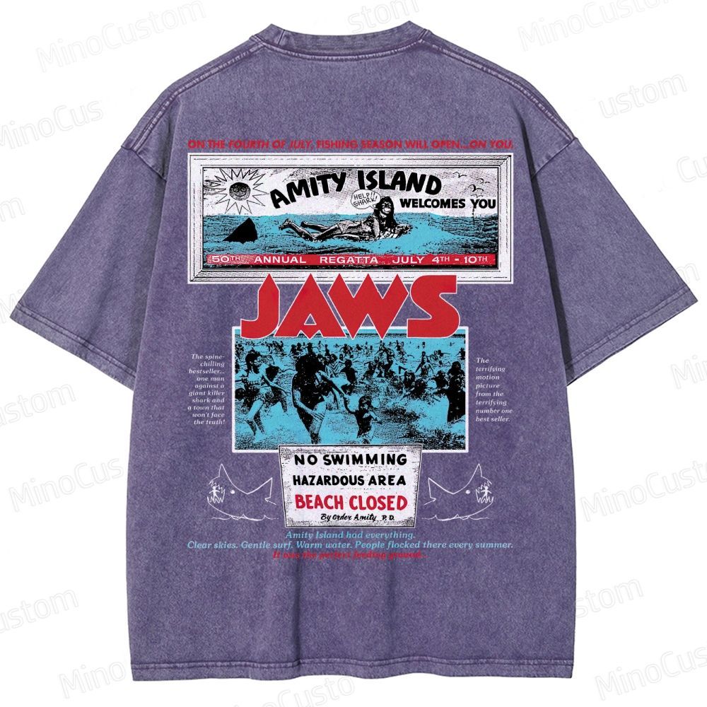 Jaws Movie Amity Island Retro Graphic  Washed T-Shirt 