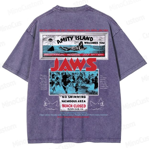 Jaws Movie Amity Island Retro Graphic  Washed T-Shirt 