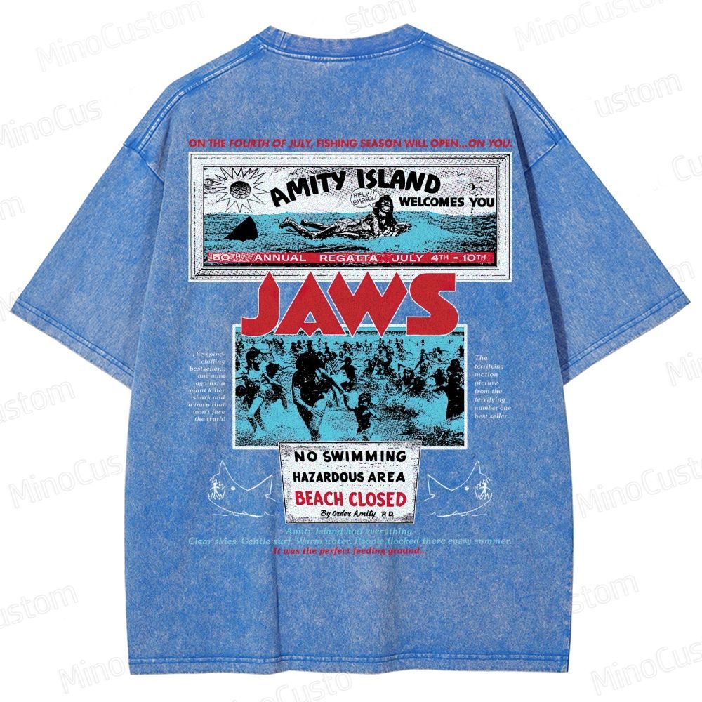 Jaws Movie Amity Island Retro Graphic  Washed T-Shirt 