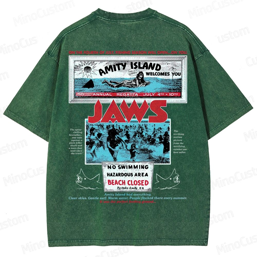 Jaws Movie Amity Island Retro Graphic  Washed T-Shirt 