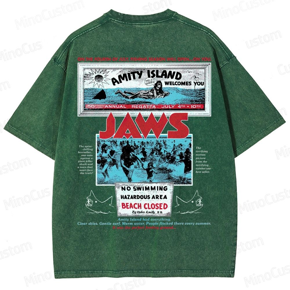 Jaws Movie Amity Island Retro Graphic  Washed T-Shirt 