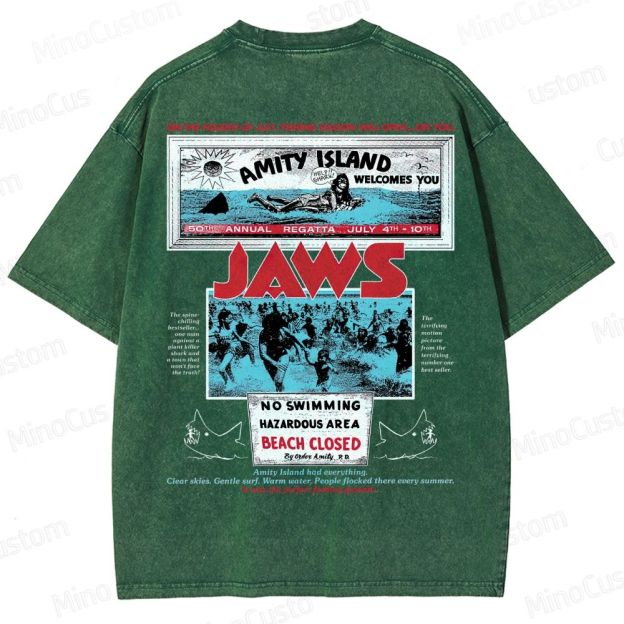Jaws Movie Amity Island Retro Graphic  Washed T-Shirt 
