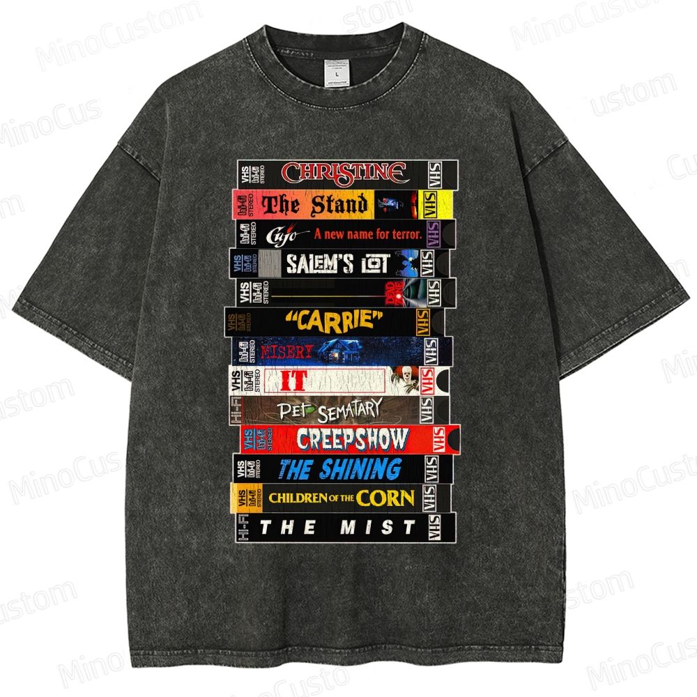 Stephen King VHS Movies Stack Washed T-Shirt 