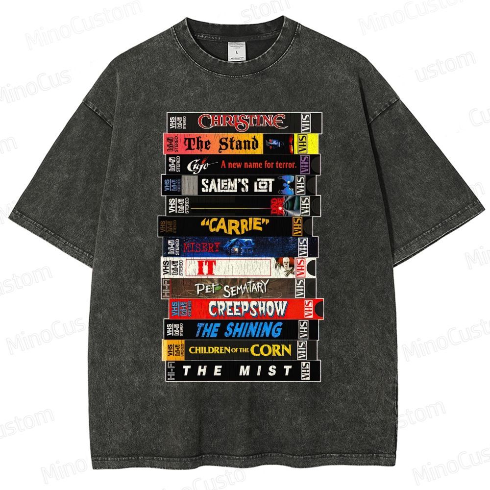 Stephen King VHS Movies Stack Washed T-Shirt 