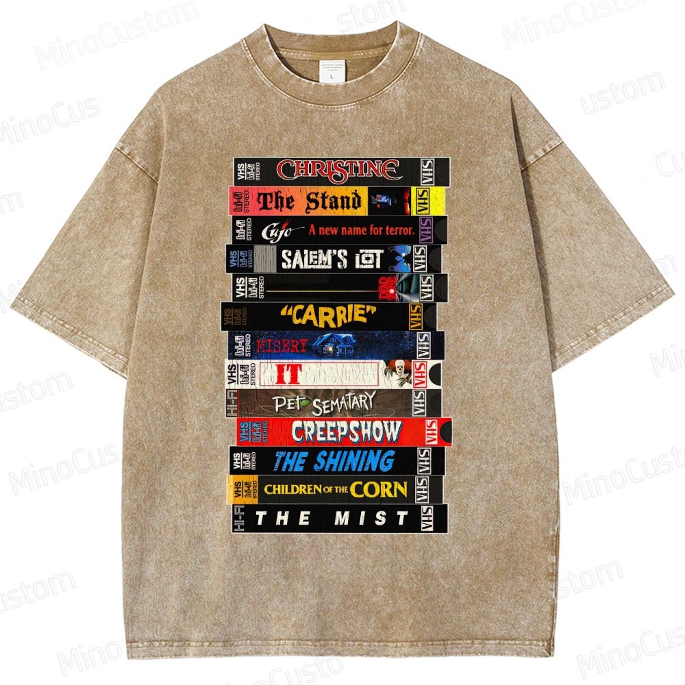 Stephen King VHS Movies Stack Washed T-Shirt 