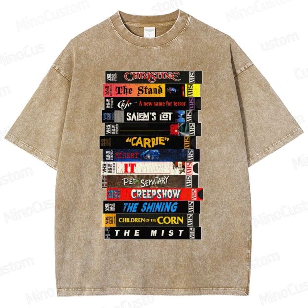 Stephen King VHS Movies Stack Washed T-Shirt 