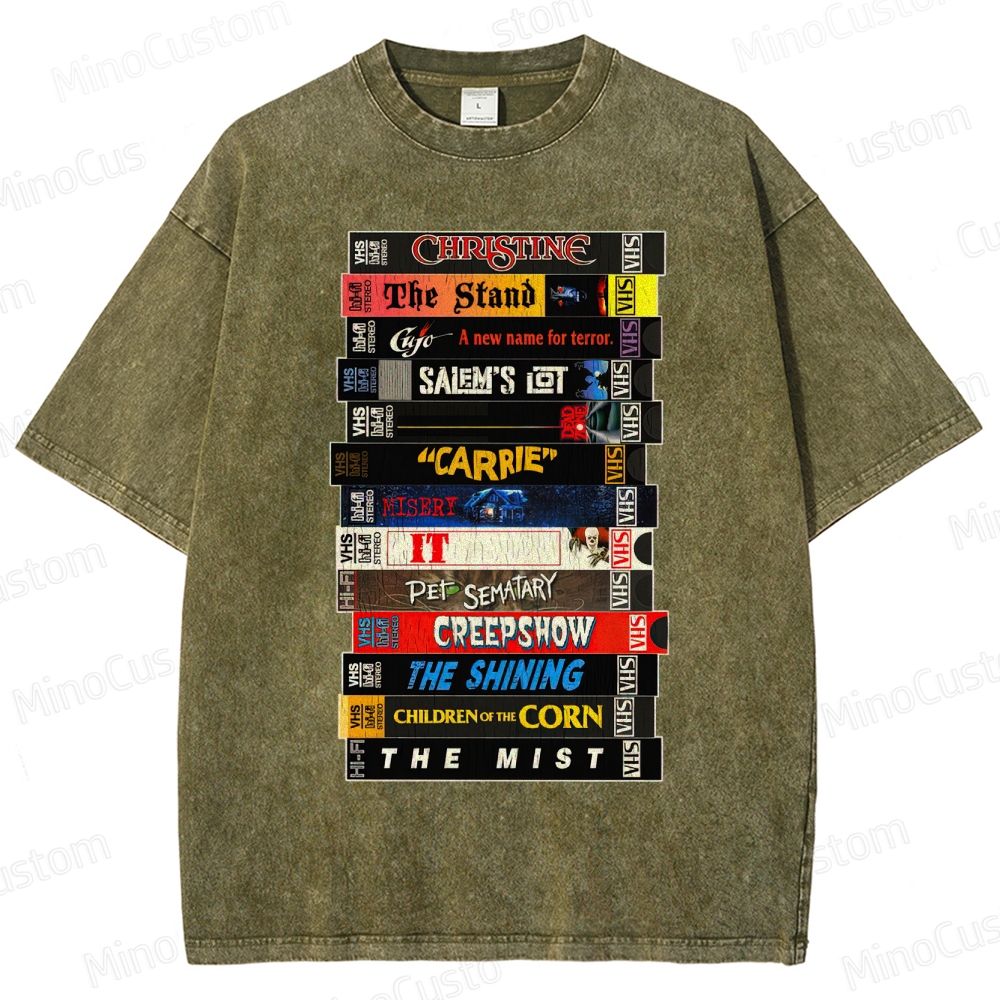 Stephen King VHS Movies Stack Washed T-Shirt 