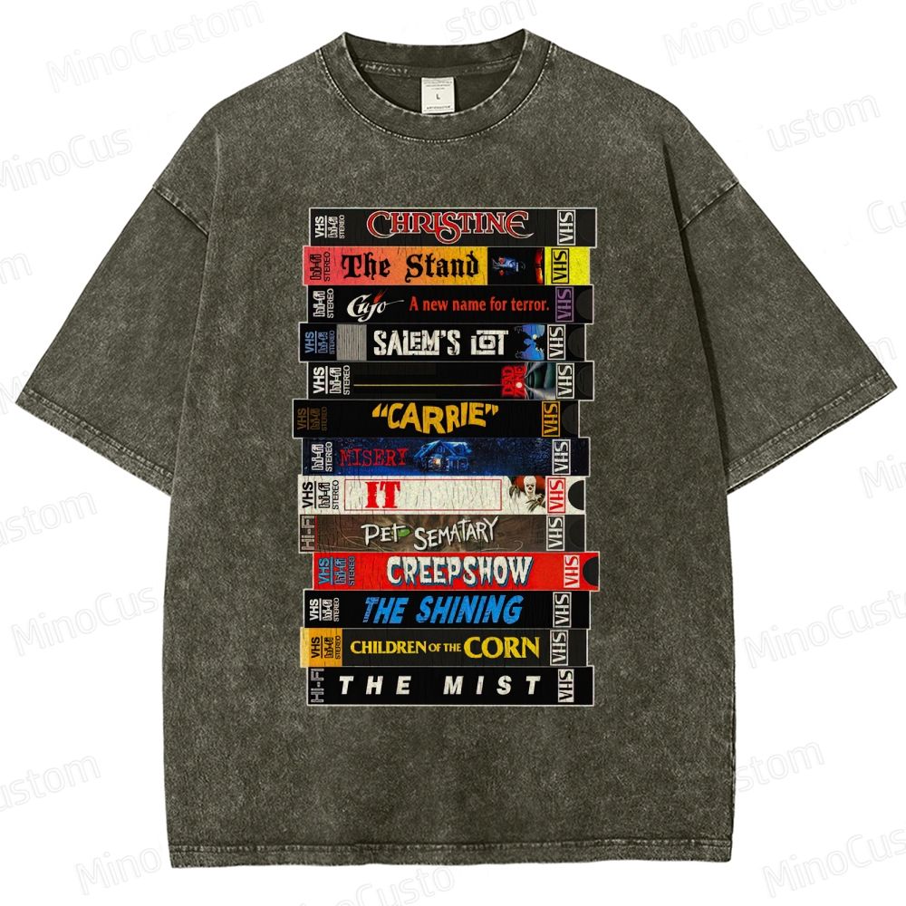 Stephen King VHS Movies Stack Washed T-Shirt 