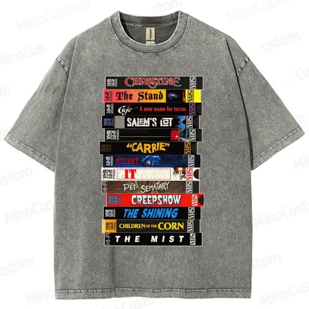 Stephen King VHS Movies Stack Washed T-Shirt 