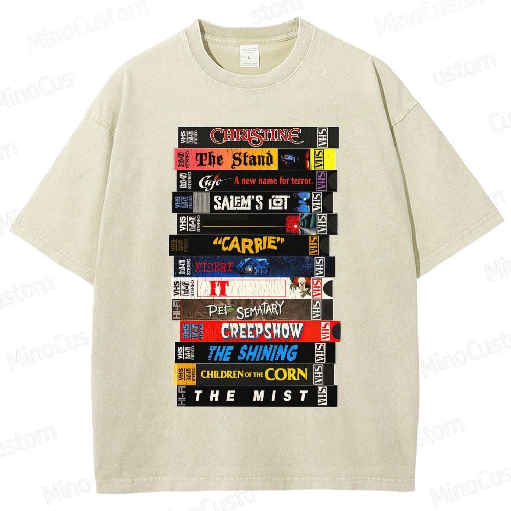 Stephen King VHS Movies Stack Washed T-Shirt 