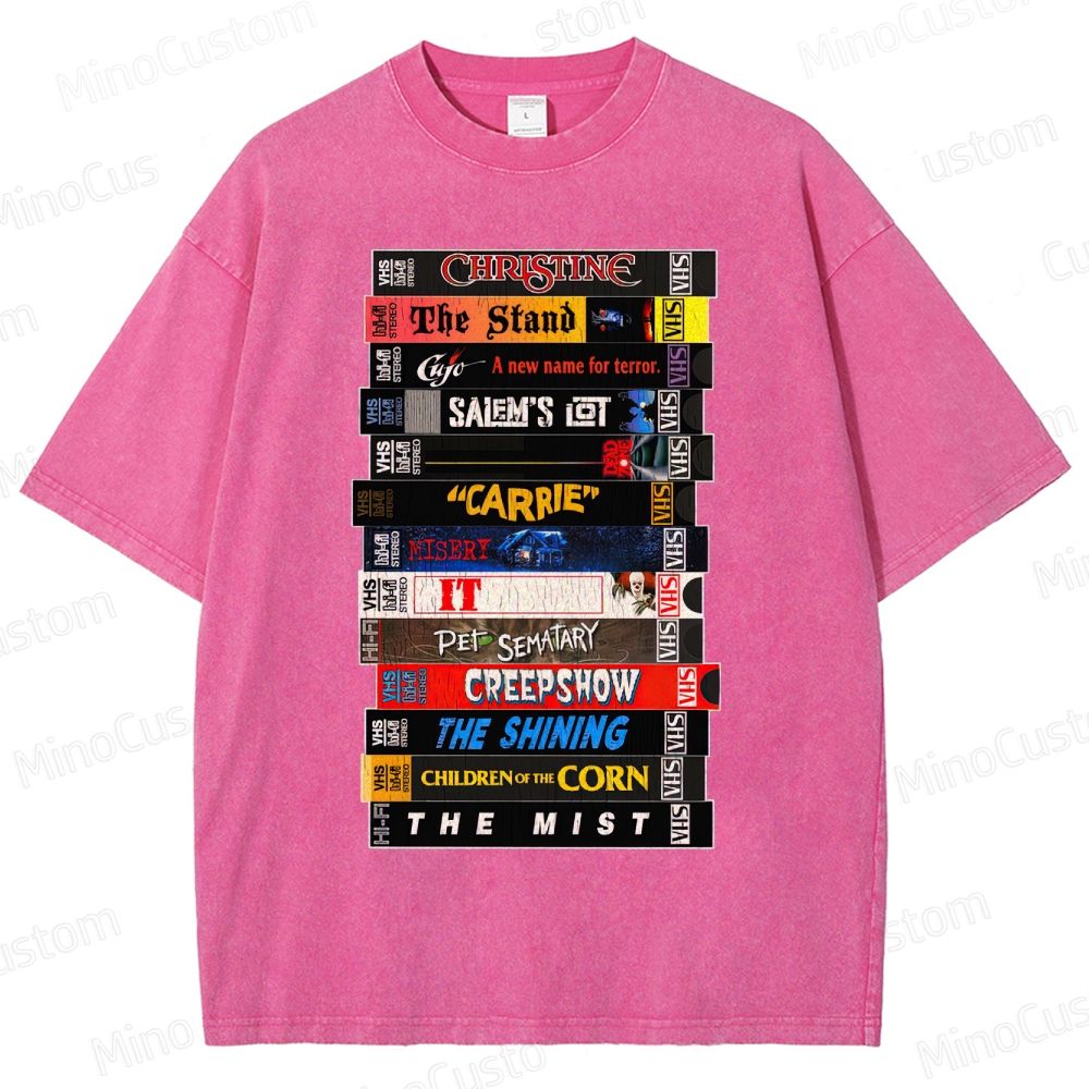 Stephen King VHS Movies Stack Washed T-Shirt 