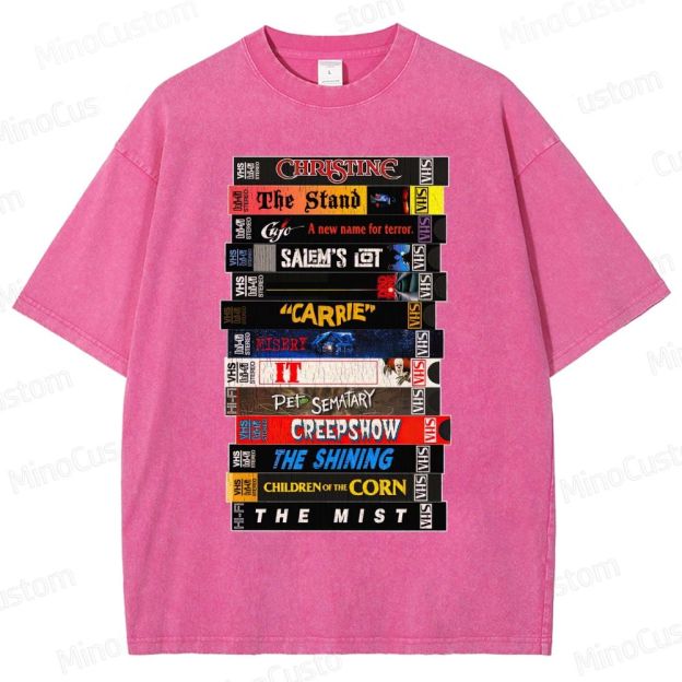 Stephen King VHS Movies Stack Washed T-Shirt 
