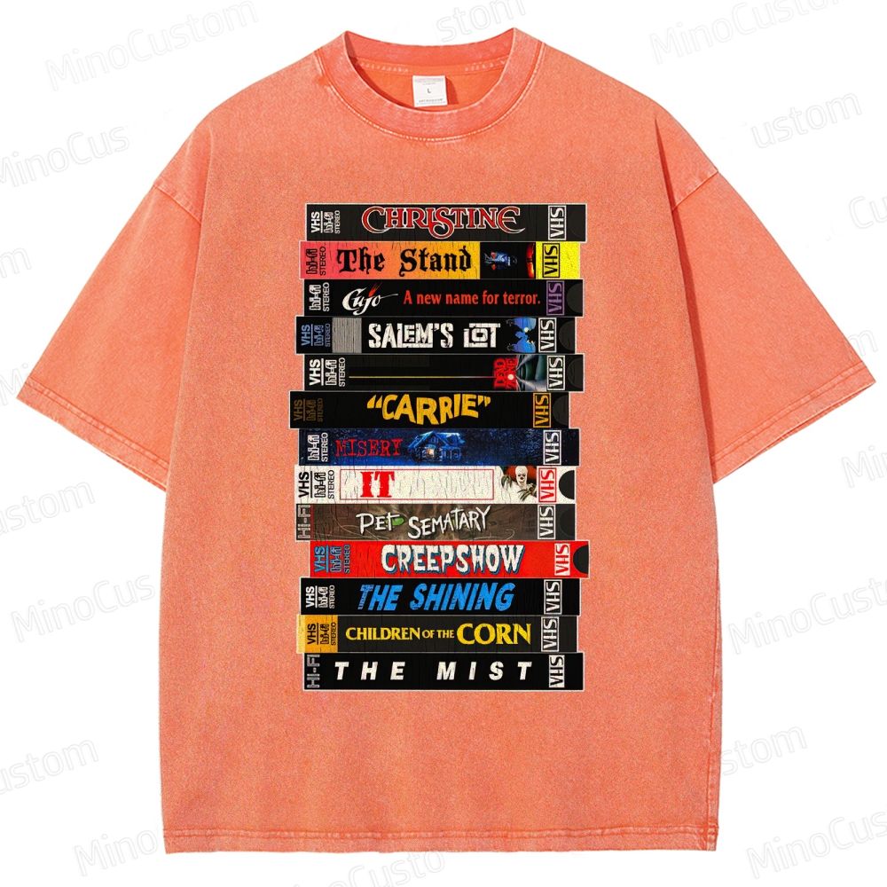 Stephen King VHS Movies Stack Washed T-Shirt 