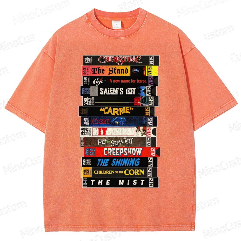 Stephen King VHS Movies Stack Washed T-Shirt 