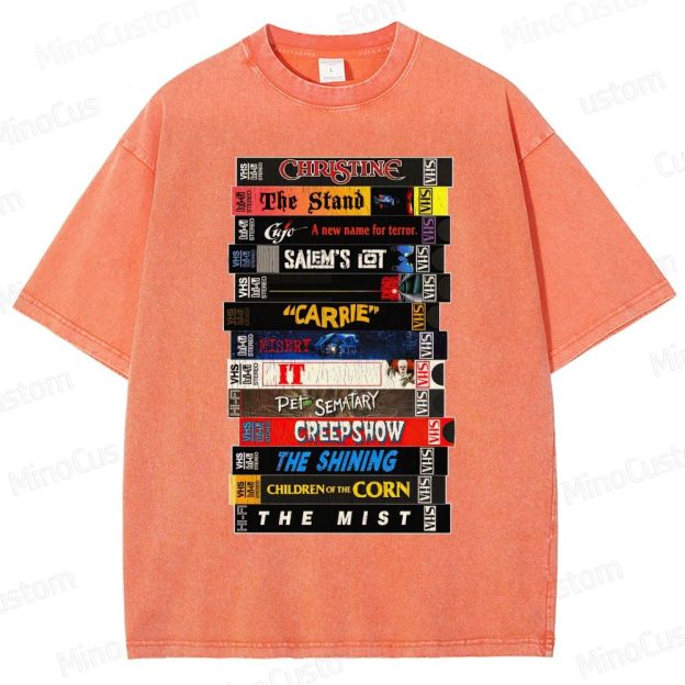 Stephen King VHS Movies Stack Washed T-Shirt 