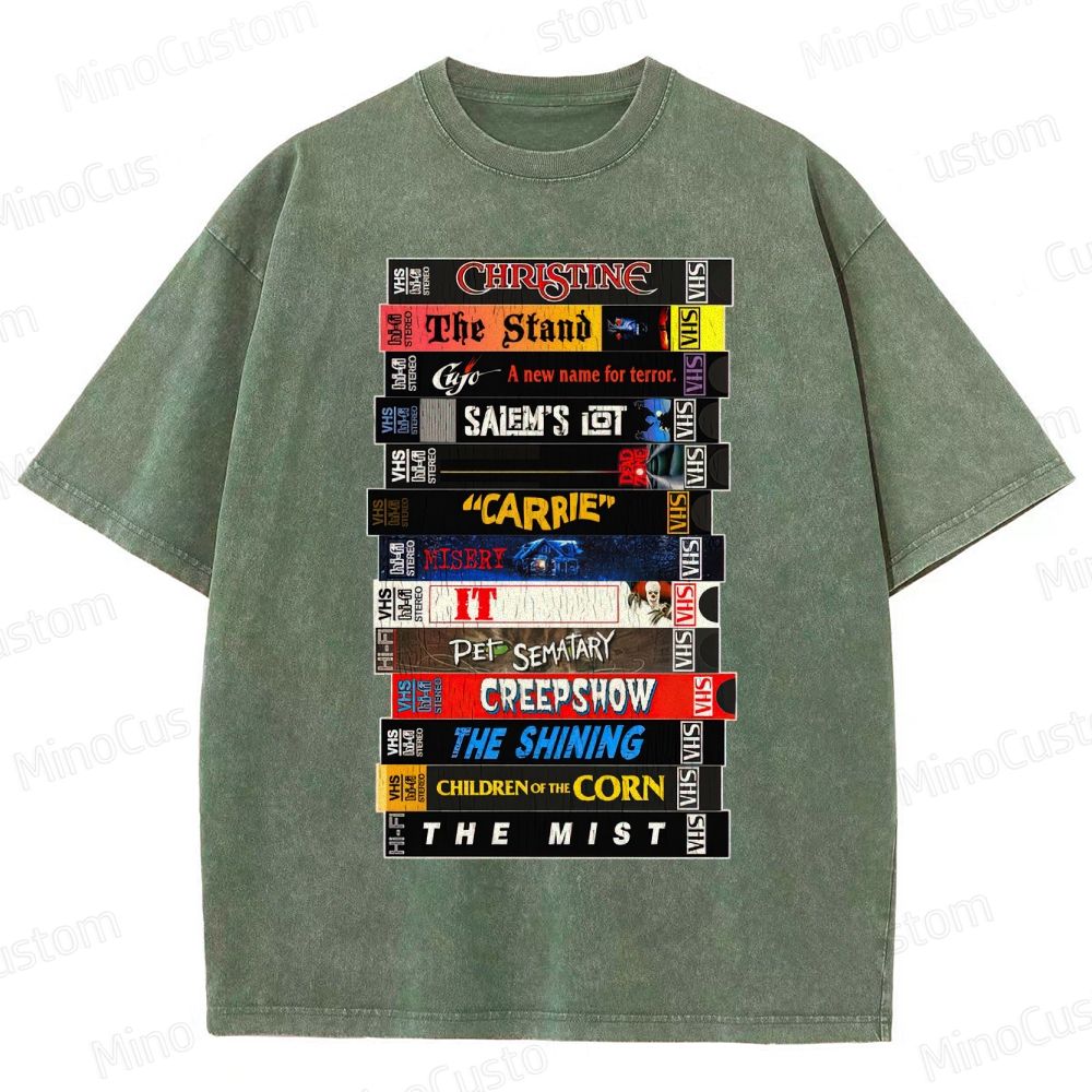 Stephen King VHS Movies Stack Washed T-Shirt 
