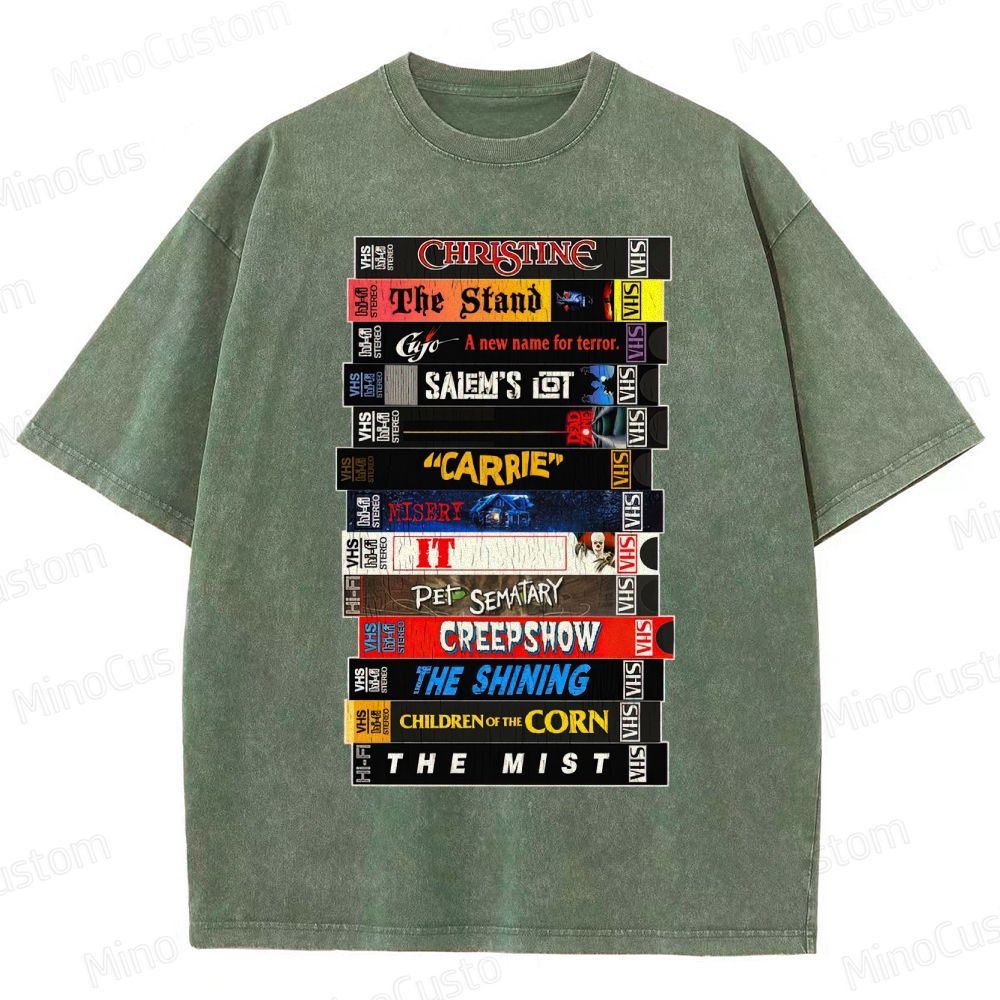 Stephen King VHS Movies Stack Washed T-Shirt 