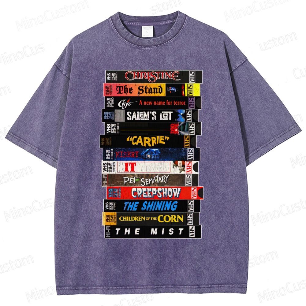 Stephen King VHS Movies Stack Washed T-Shirt 