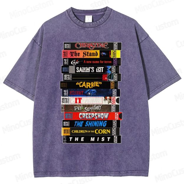 Stephen King VHS Movies Stack Washed T-Shirt 